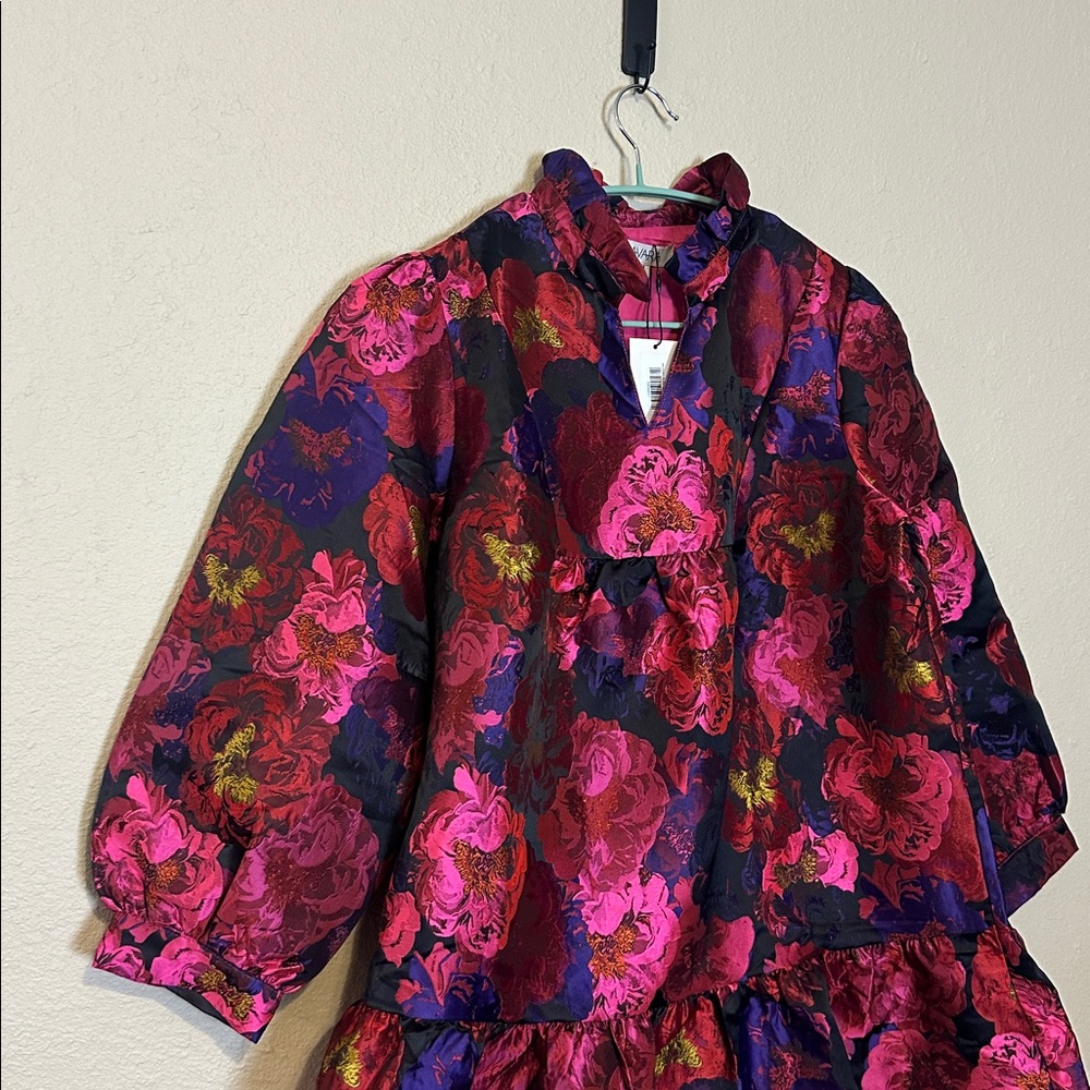 Women's Long Sleeve Floral Tiered Dress in Fuchsia and Navy - Picture 2 of 7